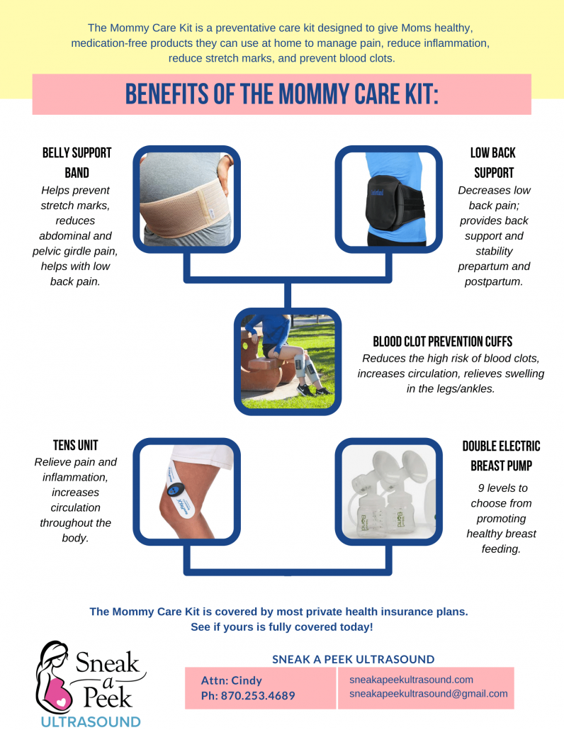 The Mommy Care Kit is a preventative care kit designed to give Moms healthy, medication-free products they can use at home to manage pain, reduce inflammation, reduce stretch marks, and prevent blood clots. The Mommy Care Kit is covered by most private health insurance plans. See if yours is fully covered today!